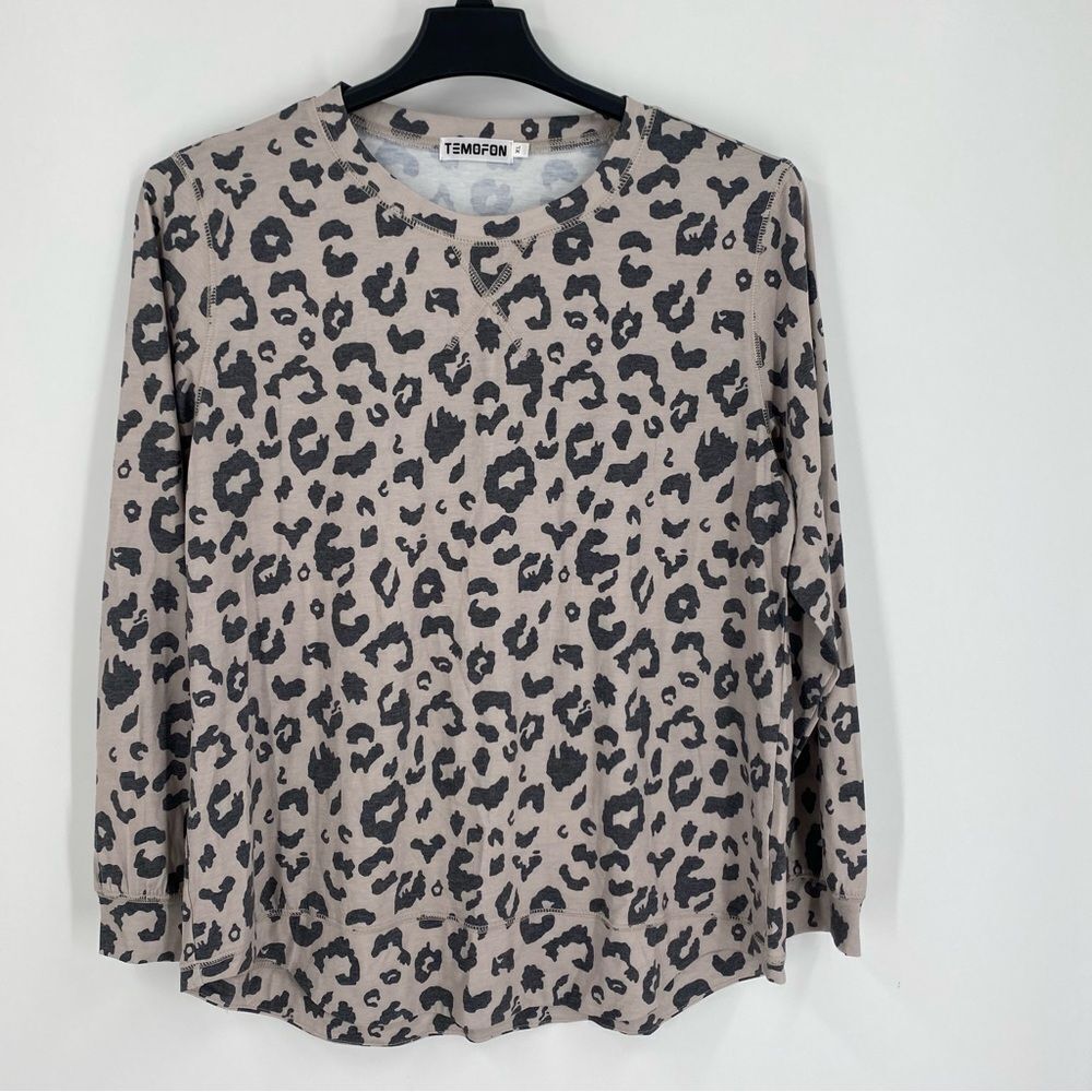 Temofon Women's Leopard Print Top - Long Sleeve Gray and Tan size XL